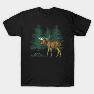 Denali National Park Alaska USA Moose Tree Silhouette T-Shirt